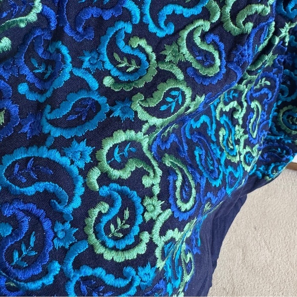 Vintage Navy Blue and Green Embroidered Linen Dress - Picture 5 of 13